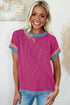 Retro Vibe Contrast Trim Corded Knit Short Sleeve Top